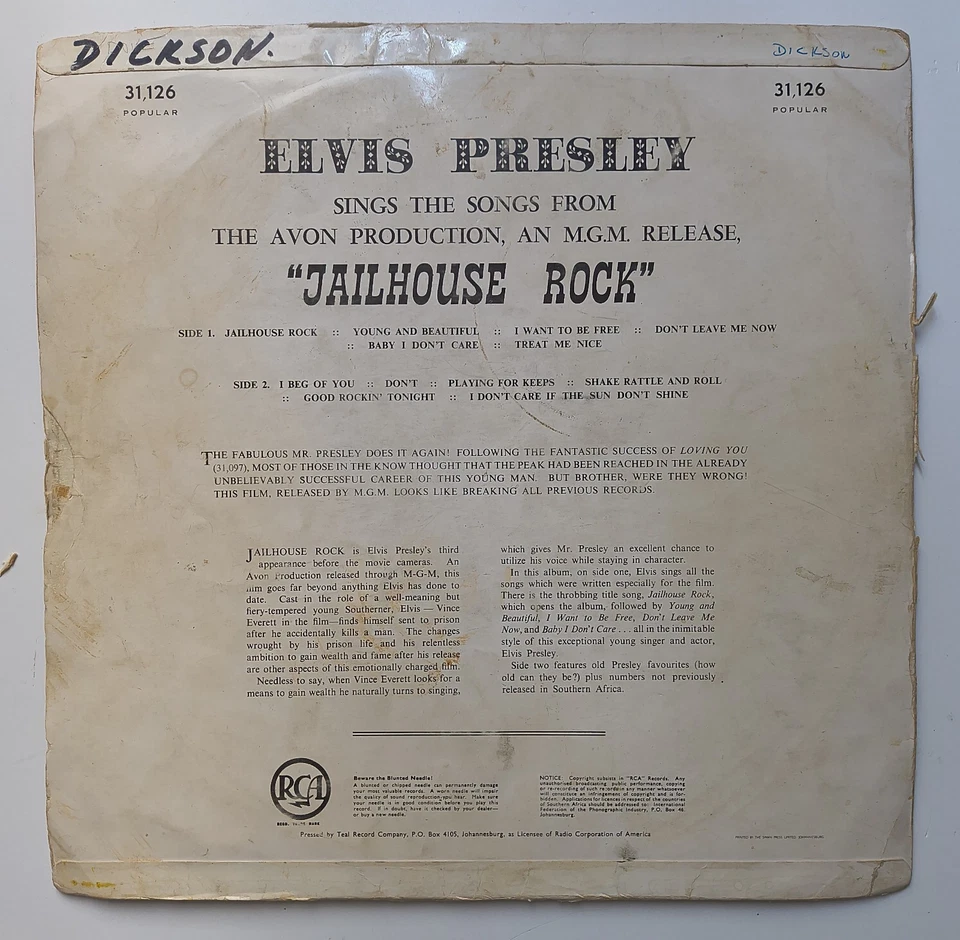 Vinyle rare Elvis Presley Jailhouse Rock LP 31 126 Black Label 1958 - Photo 3/4