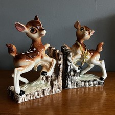 Pair of Vintage Kitsch Pottery Deer Faun Bookends Figurines Retro A/F