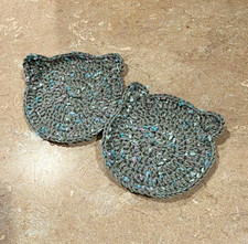 Handmade Crochet Gray Cat Face Coasters Set of 2