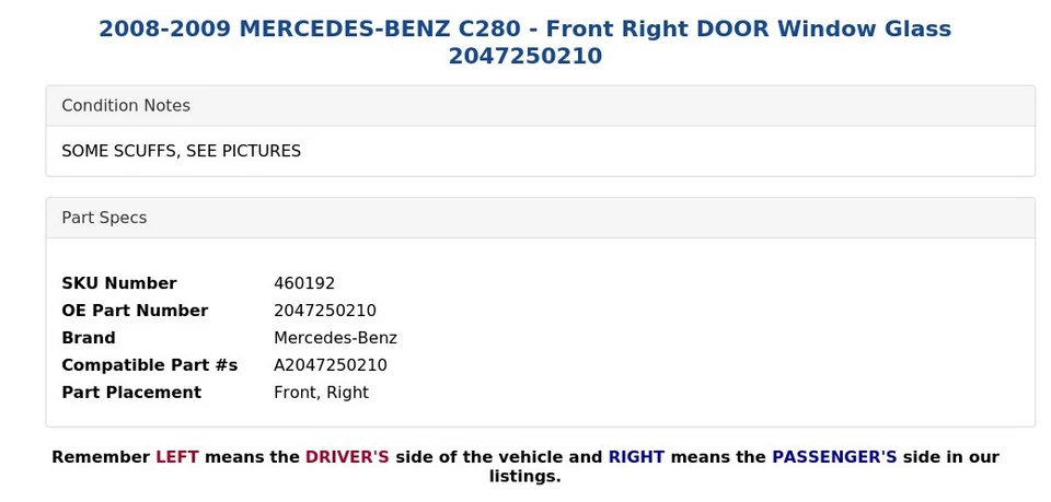 Mercedes-Benz C280 2008-2009 - puerta delantera derecha ventana cristal 2047250210 Foto 4 de 4