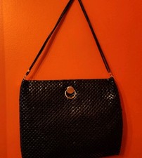 Vintage Purse Clutch Black Metal Mesh Double Chain Strap Hinged Opening