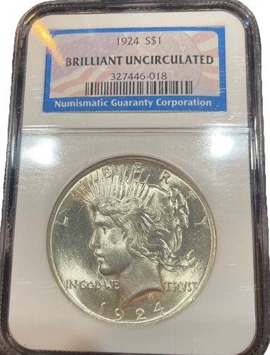 1924 Peace Silver dollar NGC Certified Brilliant Uncirculated Gleaming Luster!