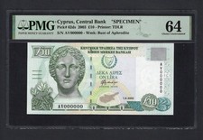 Cyprus 10 Pounds 1-9-2003 P62ds  Specimen  Uncirculated Grade 64 Top Pop