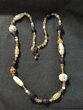 Gold Tone Black and White Beaded Long Statement Necklace