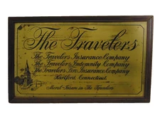 The Travelers Insurance Co. Hartford Conn VTG Original Brass Sign 26" X16" Frame