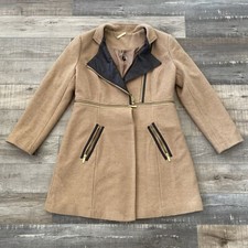 Iman Tan Wool Coat Size L Long Jacket Double Breasted Zippers Deco