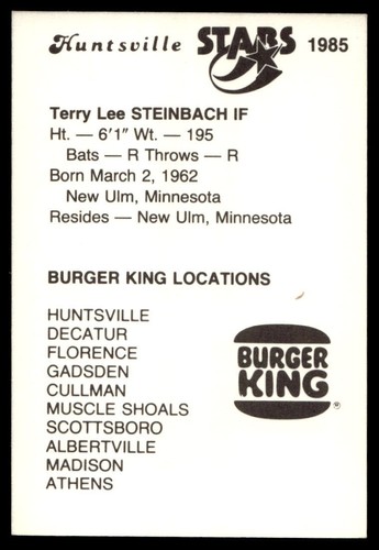 1985 Burger King Terry Steinbach Huntsville Stars NR-MINT - Picture 2 of 2