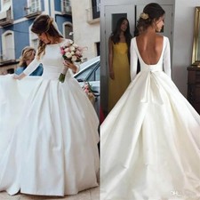 Simple Satin Wedding Dresses Long Sleeves Backless A Line Bridal Gowns Plus Size