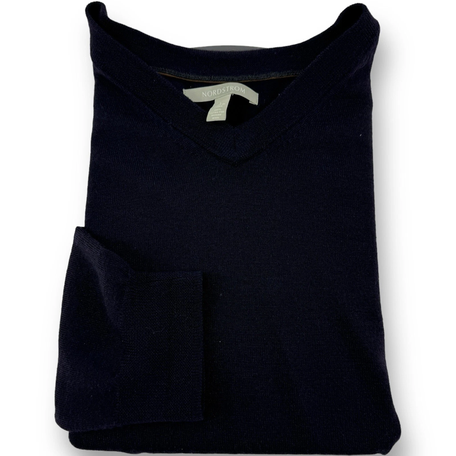 Nordstrom Navy Blue V-Neck Extra Fine Merino Wool Jumper Sweater Size Large L