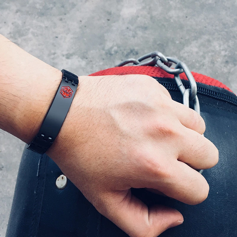 Pulsera Magnética Salud Alerta Médica Identificación Hombres Grabado Gratis Acero Inoxidable Negra Foto 2 de 4