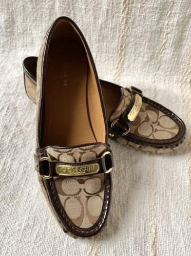 COACH Shoes Felicia Loafer SZ 8.5B Brown Beige Gold Hardware Canvas Leather  EUC | eBay