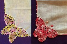 PAIR Vintage Heirloom Pink White Butterfly Hankie Handkerchief Lace Crocheted