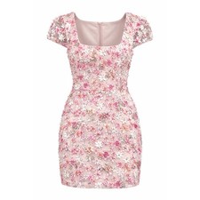 Dress The Population Pink 3D Floral Sequin Mini Dress Sweetheart Cap Sleeve S