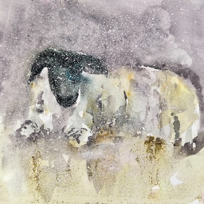 Original Schaf Aquarell Gemälde Stimmungsvoll Schnee Bauernhof Tier Kunst