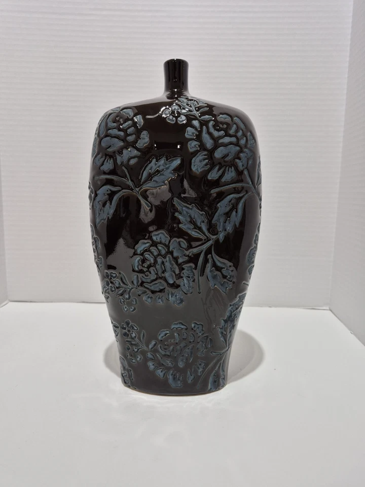 JARRÓN DE HIERBA ESMALTADO EN RELIEVE VINTAGE 13" DE ALTO ARTE DE CERÁMICA DECORATIVO Foto 2 de 4