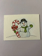 ACEO Art Card Snowman Candy Cane Christmas Original Painting Watercolor 2.5x3.5