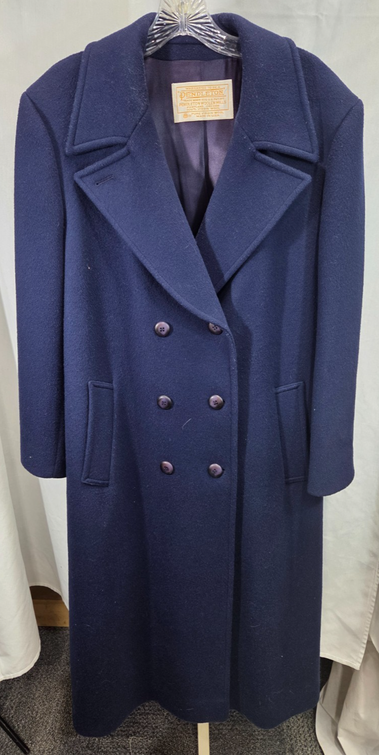 PENDLETON 100% Virgin Wool Long Full Coat Sz 12 USA Double Breasted Navy Peacoat