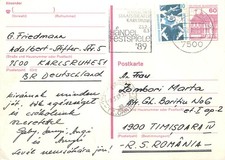 E0057 Germany postal stationery postcard Karlsruhe to Timisoara, Romania 1989