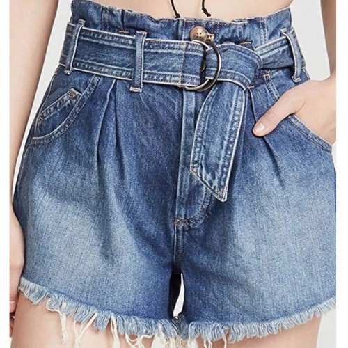FREE PEOPLE See You Sometime Belted Pleated Denim Shorts Raw Hem Blue Sz S