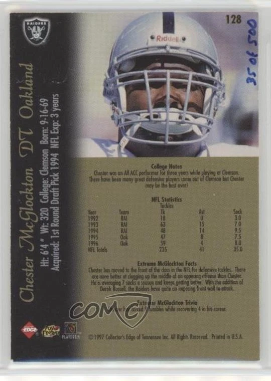 1997 Collector's Edge Extreme Foil Diamond /500 Chester McGlockton #128 - Image 2 of 2
