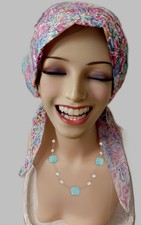 PRE-TIED .Stretch hat Cap Chemo Cancer Turban 100 Cotton ON SALE 