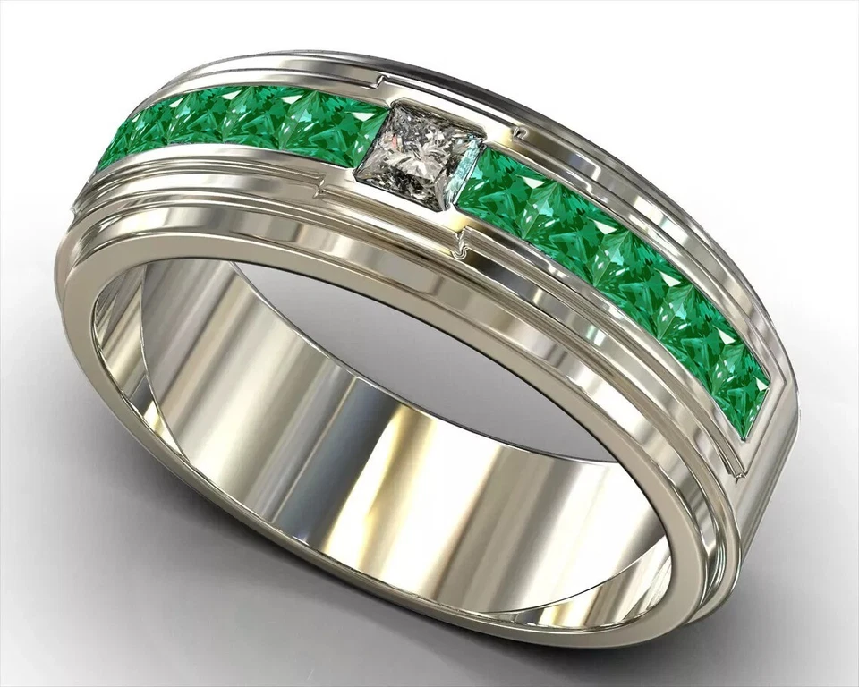 925 Silver 2.25 CT Princess Green Emerald Lab Created Men's Band Ring Size 9.5 - Image 3 of 4