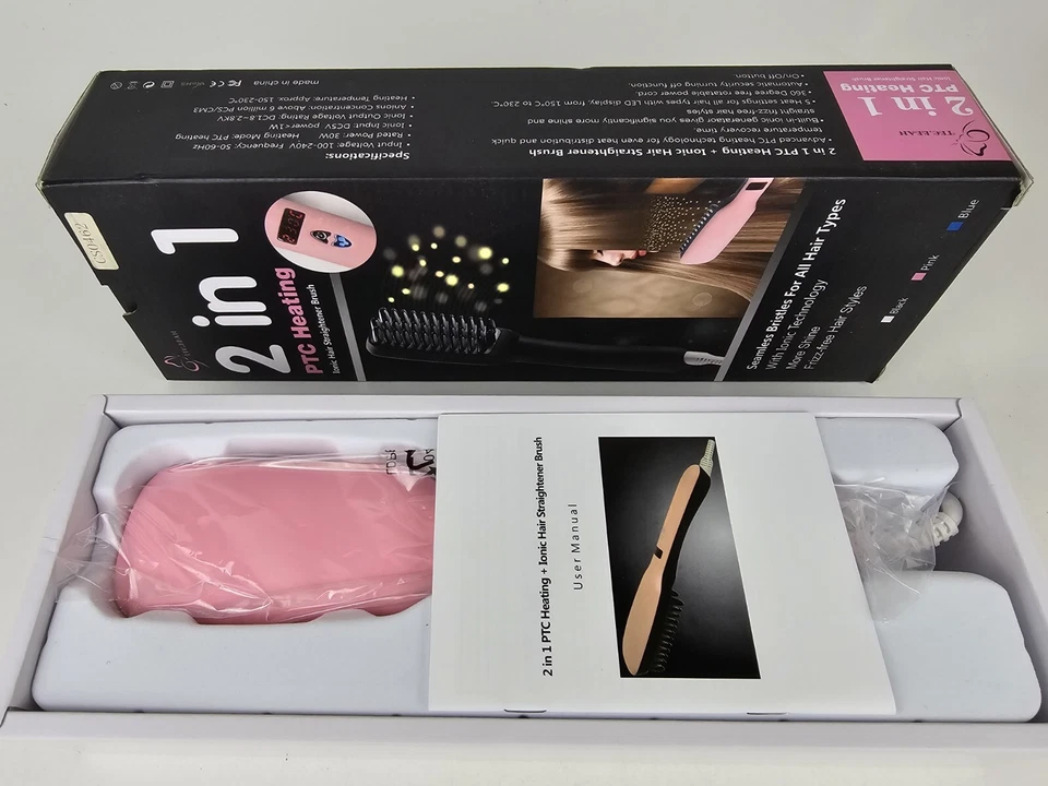 2-in-1 PTC Heating Ionic Hair Straightening Brush PINK *BRAND NEW* Quick Heat - Image 3 of 4