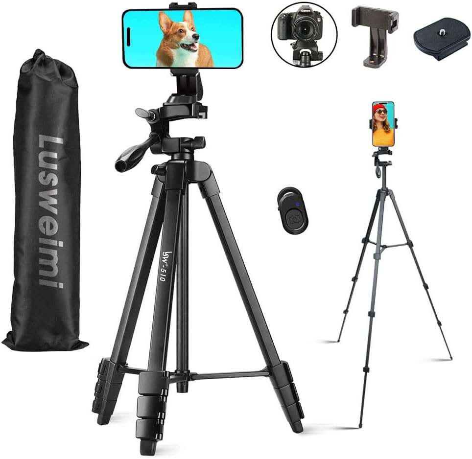 Phone Tripod 60 Inch iPhone Tripod with Phone Holder Wireless Remote Aluminum