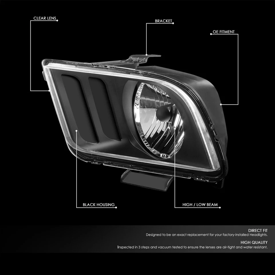 Par de faros delanteros para Ford Mustang 2005-2009 carcasa negra estilo de fábrica Foto 2 de 4