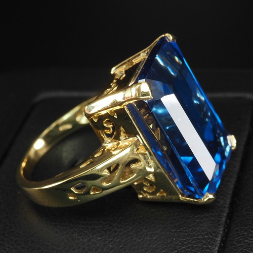 Chic Intense Swiss Blue Topaz 20.55Ct 925 Sterling Silver 24K Gold Vermeil Rings - Picture 5 of 8