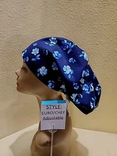 Flowers Small on Navy Women's Euro/Chef Surgical Scrub Hat/Cap Handmade