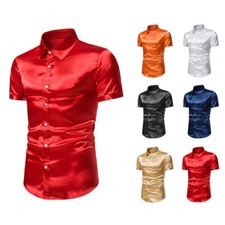 Uomo Manica Corta Camicia Finta Seta Raso Lucido Top Bottoni Slim Palco Costumi