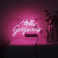 Hello Gorgeous Handmade Neon Light Sign Real Glass Nightlight Room Decor 14"x9"