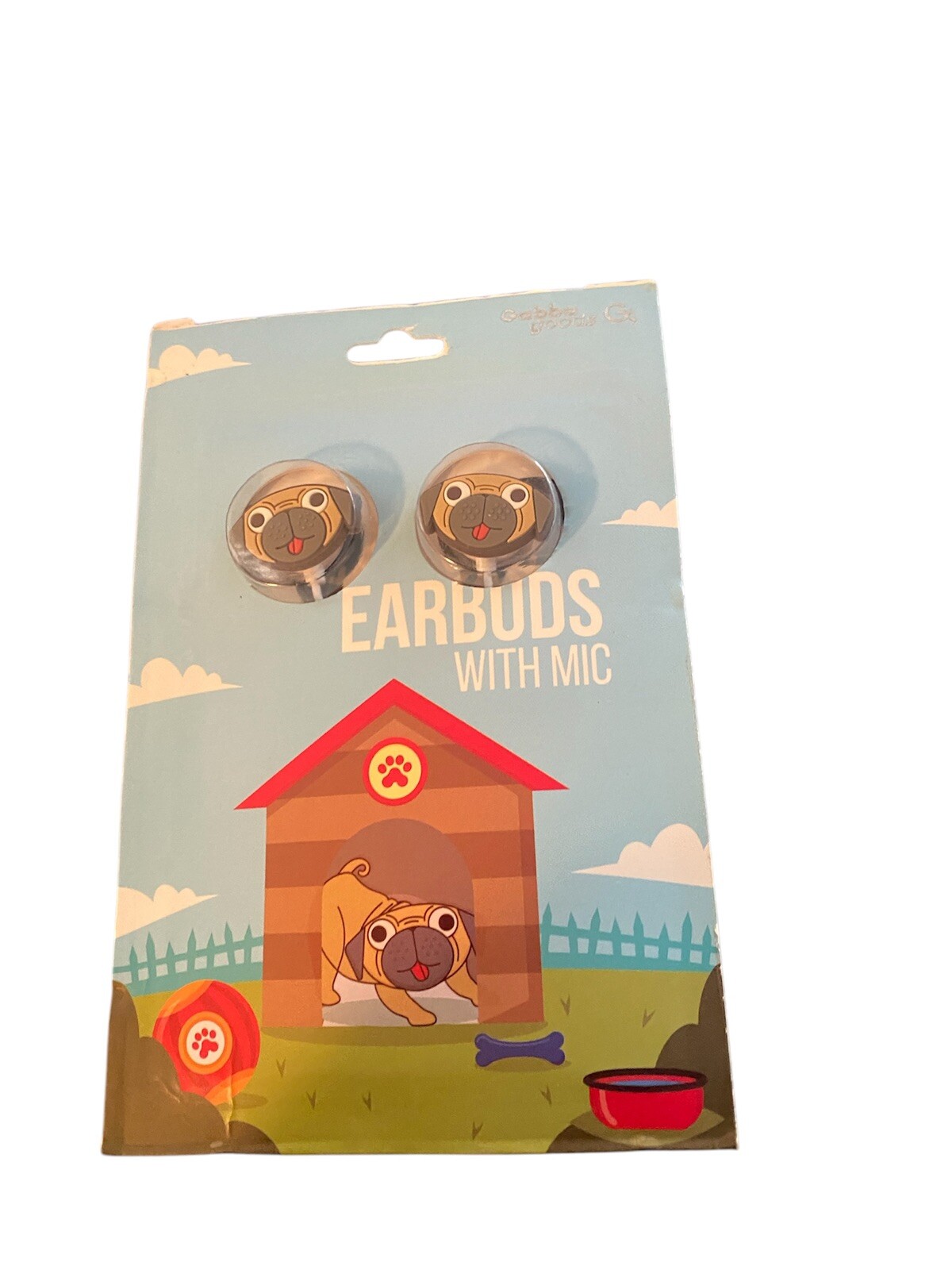 Gabba Goods Pug Dog Earbuds  with Mic. White Cable