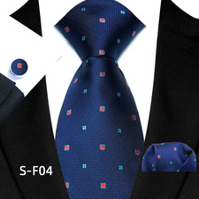 Classic Polka Dot Blue Red Jacquard Silk Men's Tie Necktie Hanky Cufflink Set