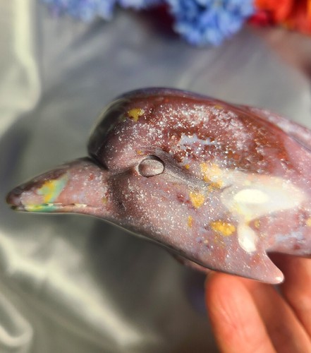5" 205g Pretty Purple Ocean Jasper Dolphin Whale Carving Reiki Sculpture - Picture 12 of 15