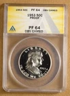 1953 Proof Franklin Half Dollar ANACS PF64 Obv Cameo