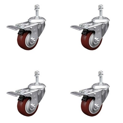 3 Inch Maroon Polyurethane Swivel 3/8 Inch Stem Caster Set with Total Lock Brake