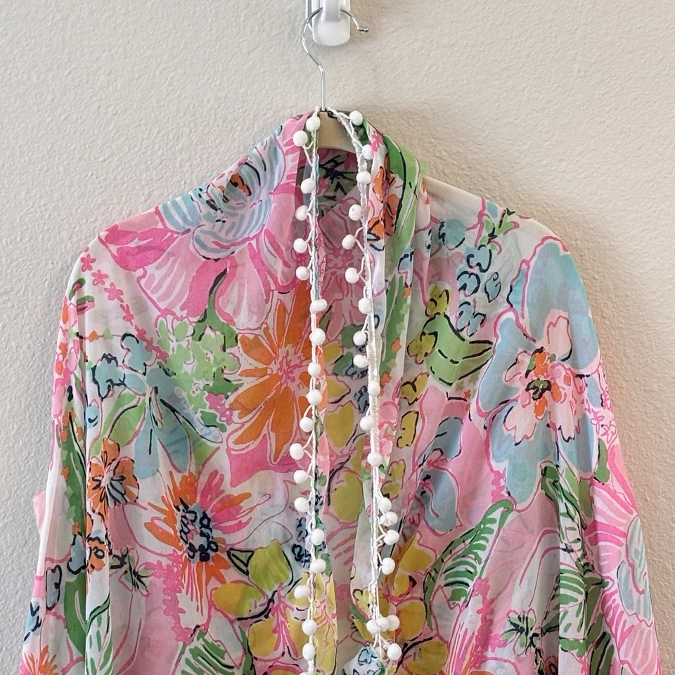 Lilly Pulitzer X Target Floral Pom Kimono Playa Cubrimiento Tropical OS Preppy Foto 3 de 4