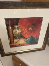 Zen Contemporary  Art Print- Vases & Umbrella-Asian Realism. Framed 22.25” X22.2