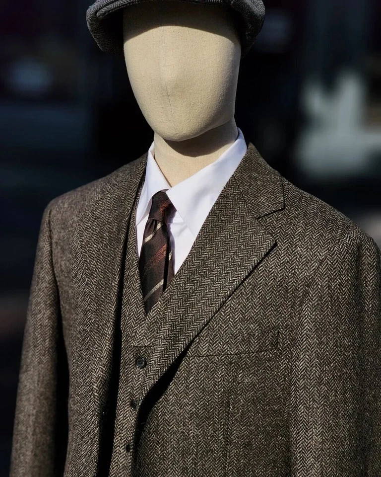 Vintage Tweed Men Suit 3 Pieces Jacket Business Herringbone Wedding Prom Blazer - Image 2 of 4