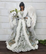 Angel Tree Topper Olive Green Christmas Figure 16" Tabletop Feather Wings Floral