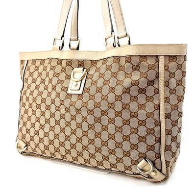GUCCI GG Canvas Abbey Leather Tote Bag Shoulder Bag Beige Gold 141472 Authentic