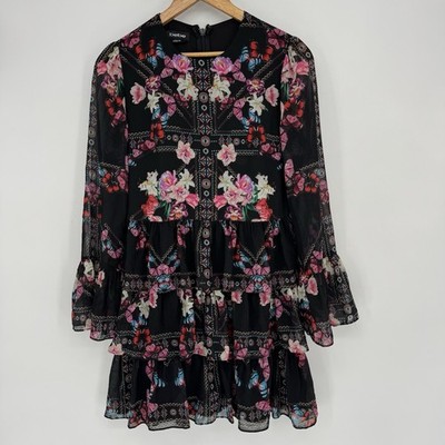 Bebe Bell Sleeve Dress Women s Small Black Pink Floral Chiffon Clara Ruffle