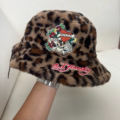 Ed Hardy Love Kills Slowly Leopard Print Faux Fur Bucket Hat