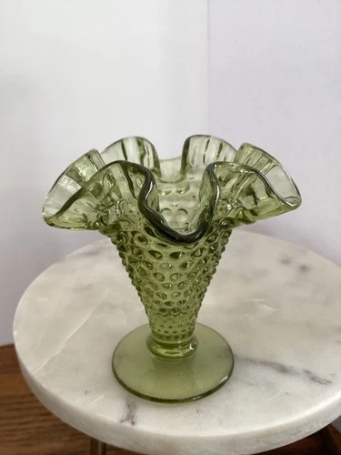 Vintage Fenton Colonial Green Hobnail Glass Ruffled Edge Footed Vase
