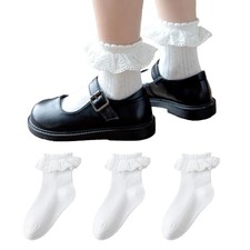 Girls White Ruffle Socks,Lace Frilly Cotton Dress Crew 9-12 Years White 3 Pack