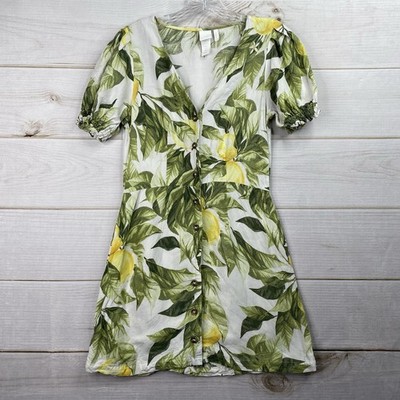 h&m linen lemon dress H&M Dress XS Green Floral Linen Blend Lemon Print Summer Mini Button Up V Neck