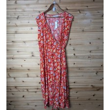 Loft Dress Womens 20 Red Floral Wrap Front Midi Spring Fall NWT
