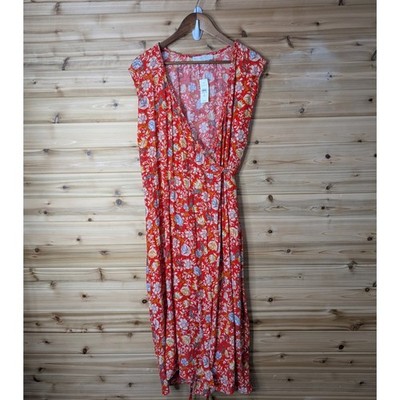 Loft Dress Womens 20 Red Floral Wrap Front Midi Spring Fall NWT